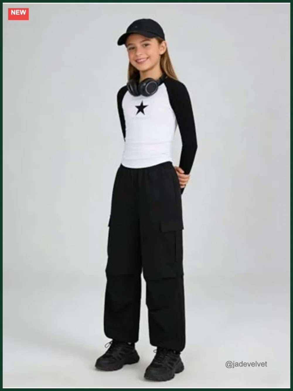 Girls Star Print Top & Cargo Pants Set Long Sleeve Tween Outfit